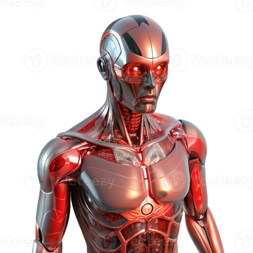 elegant rustic A humanoid robot with translucent skin revealing complex internal circuitry, illuminated by a pulsing, red light. Biopunk style professional png