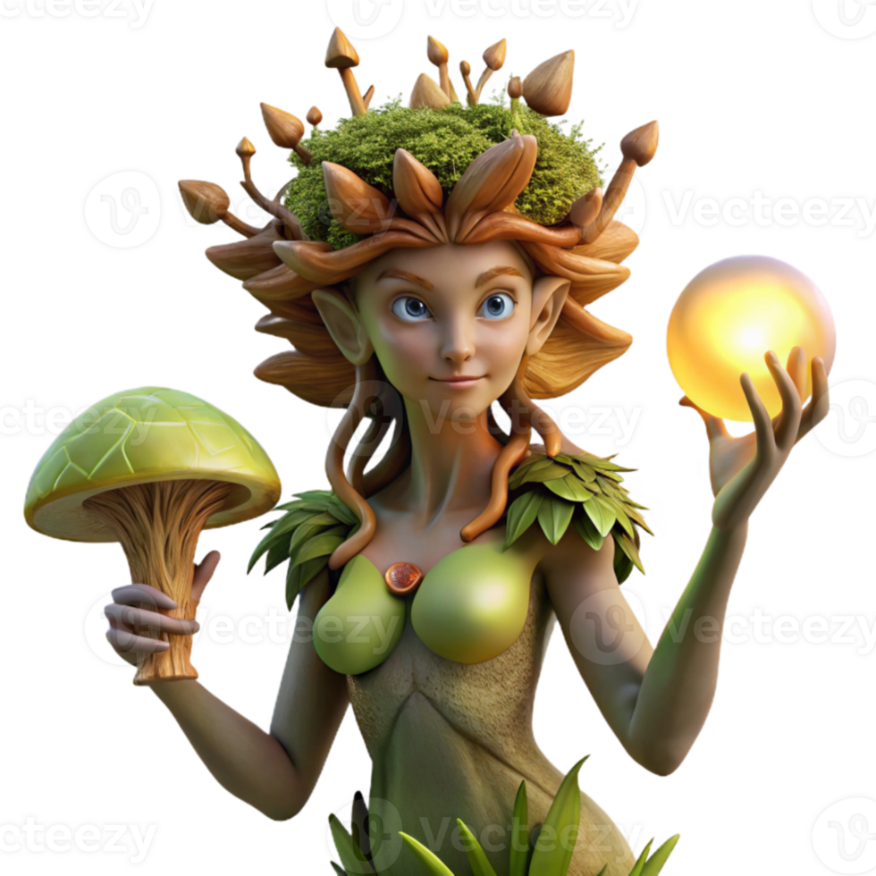 magnificent contemporary An elegant dryad, her skin crafted from bark and moss, cradling a glowing orb of sunlight, amidst a grove of luminous mushrooms. Surrealism style professional png