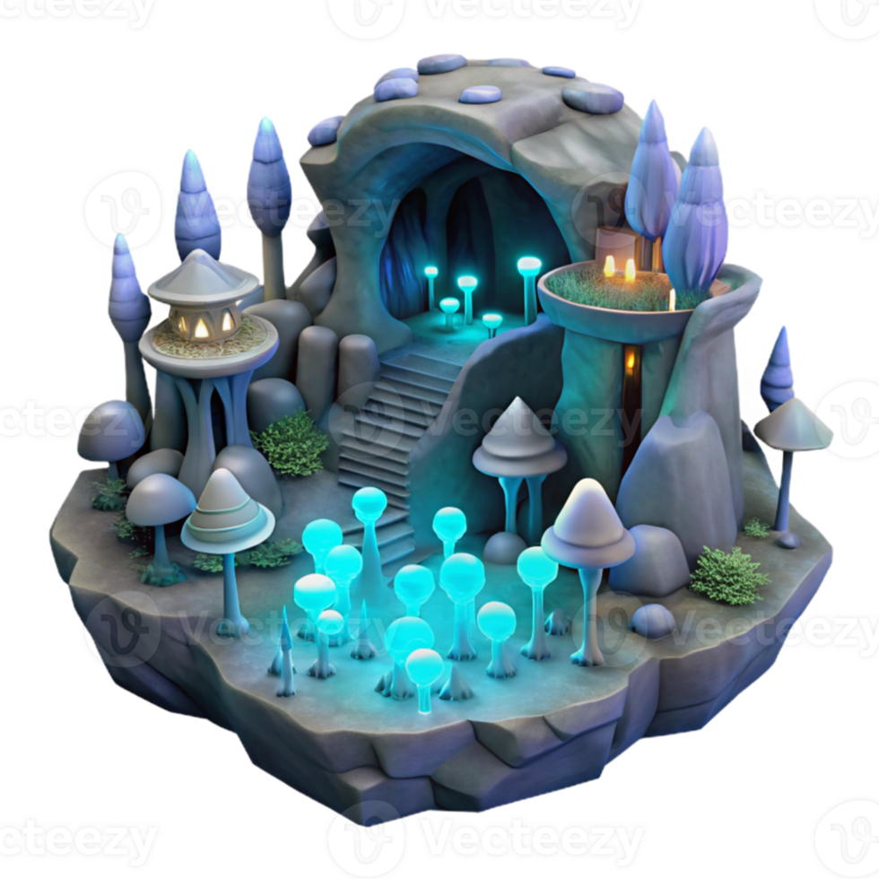 serene vintage Underground city lit by bioluminescent fungi, cavernous spaces, fantasy art style, atmospheric lighting professional png