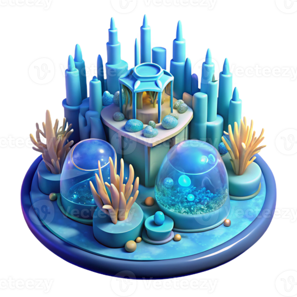 elegant artistic Underwater city, bioluminescent coral architecture, soft blue lighting, fantasy style high quality png