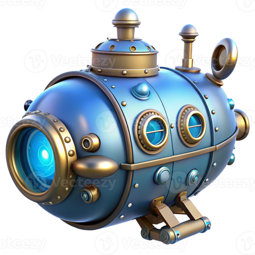 impressive rustic A complex steampunk submarine, with portholes and intricate gears, underwater, blue-tinted lighting professional png