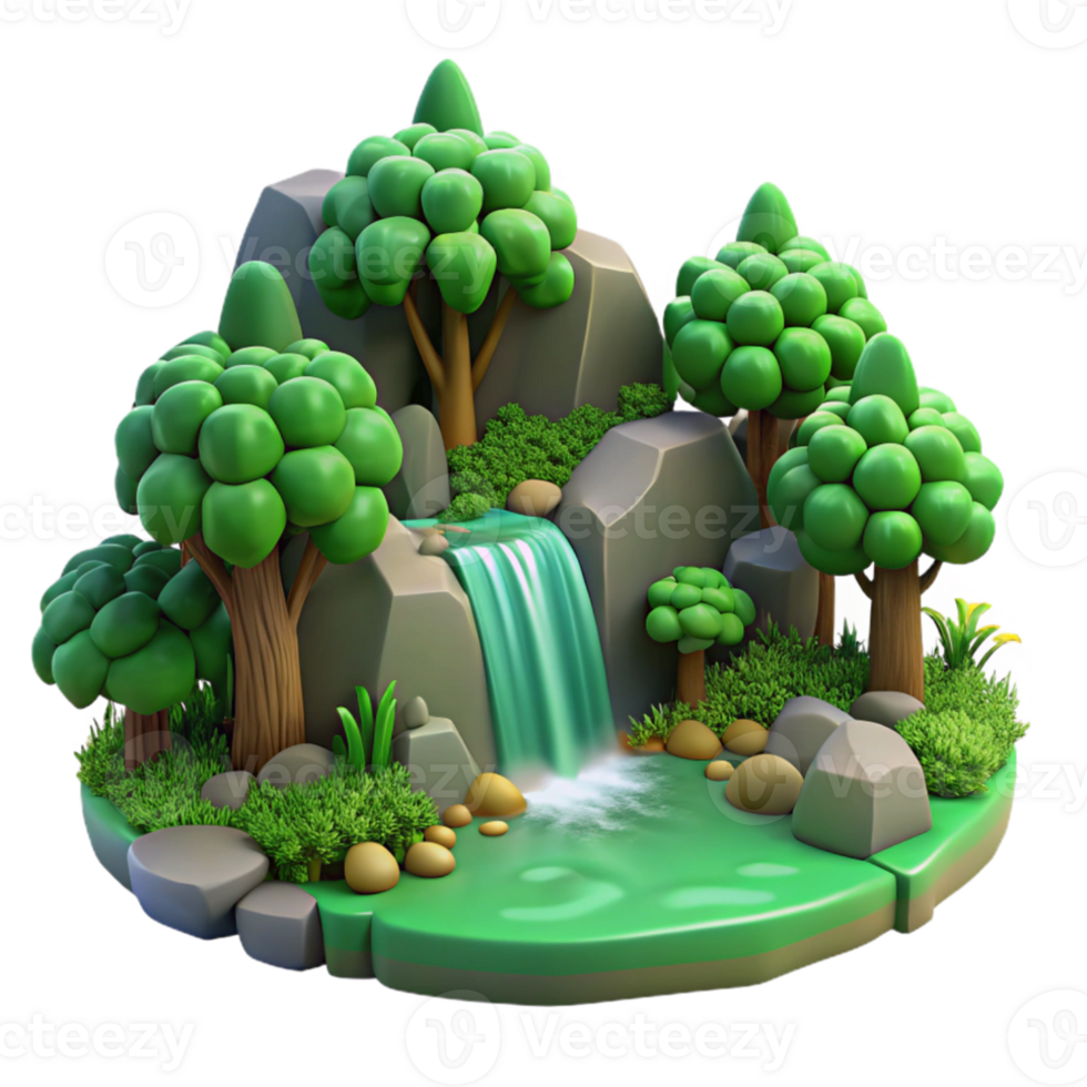 vibrant rustic A lush green forest with a hidden waterfall, serene, peaceful, inviting professional png