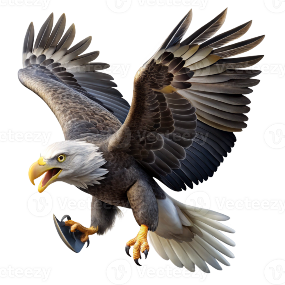 vibrant abstract A majestic bald eagle soaring through a stormy sky, clutching a fish in its talons, in a powerful, realistic style original png