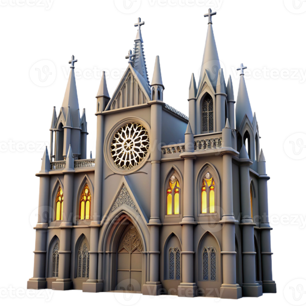 extraordinary rustic Gothic cathedral, stained glass rose window, gargoyles, overcast lighting, ethereal style professional png