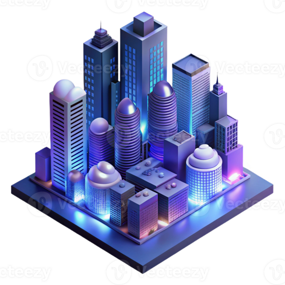 serene artistic A futuristic cityscape at night, towering skyscrapers piercing the clouds, neon signs illuminating the rain-slicked streets below, cyberpunk style, isometric view original png