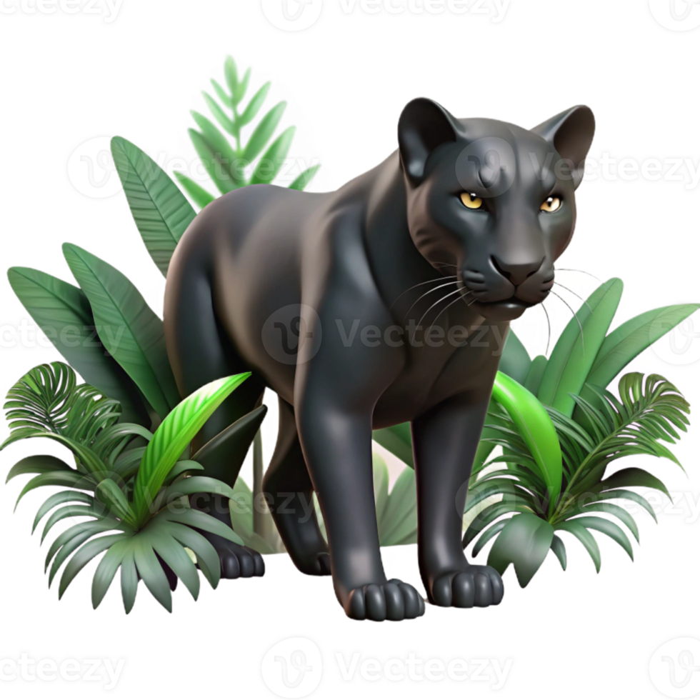 serene rustic A sleek black panther prowling through dense jungle foliage, dappled sunlight and shadow, realistic and intense exclusive png