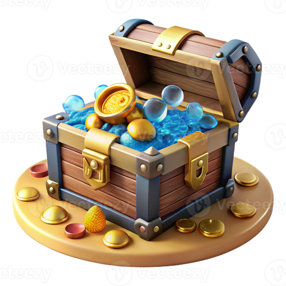 extraordinary minimalist A treasure chest overflowing with gold coins and jewels, resting on the seabed, glittering, pirate adventure style high quality png