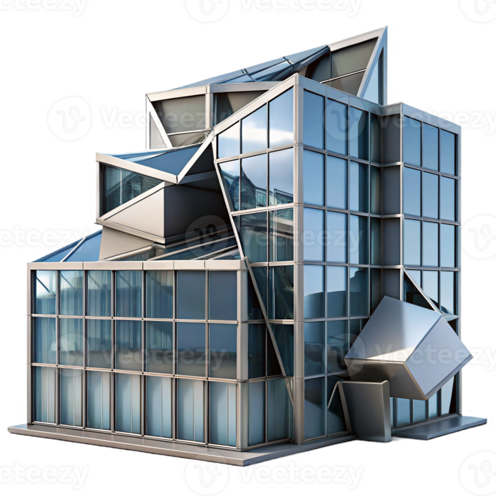 serene modern Deconstructivist office building, fragmented shapes, angular planes, steel and glass construction, cityscape background detailed png