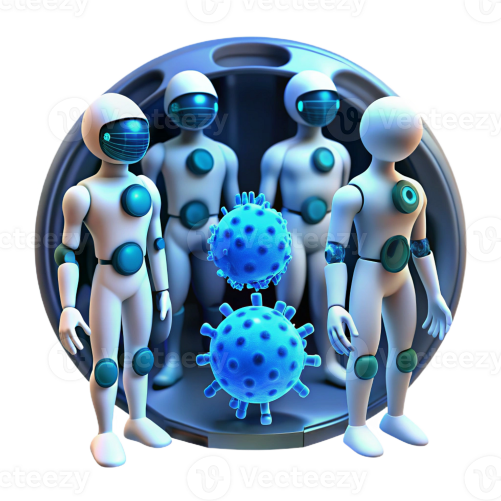 dramatic traditional A group of nanobots repairing damaged tissue inside a human body, glowing with a bioluminescent blue light. Medical illustration, microscopic style high quality png