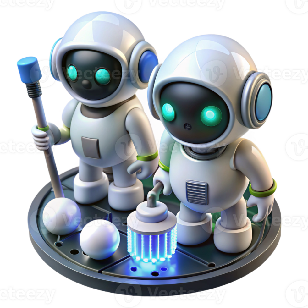 serene artistic A group of miniature cleaning robots, spherical and white, scrubbing a circuit board with tiny brushes, under bright, focused LED lights. Photorealistic style high quality png