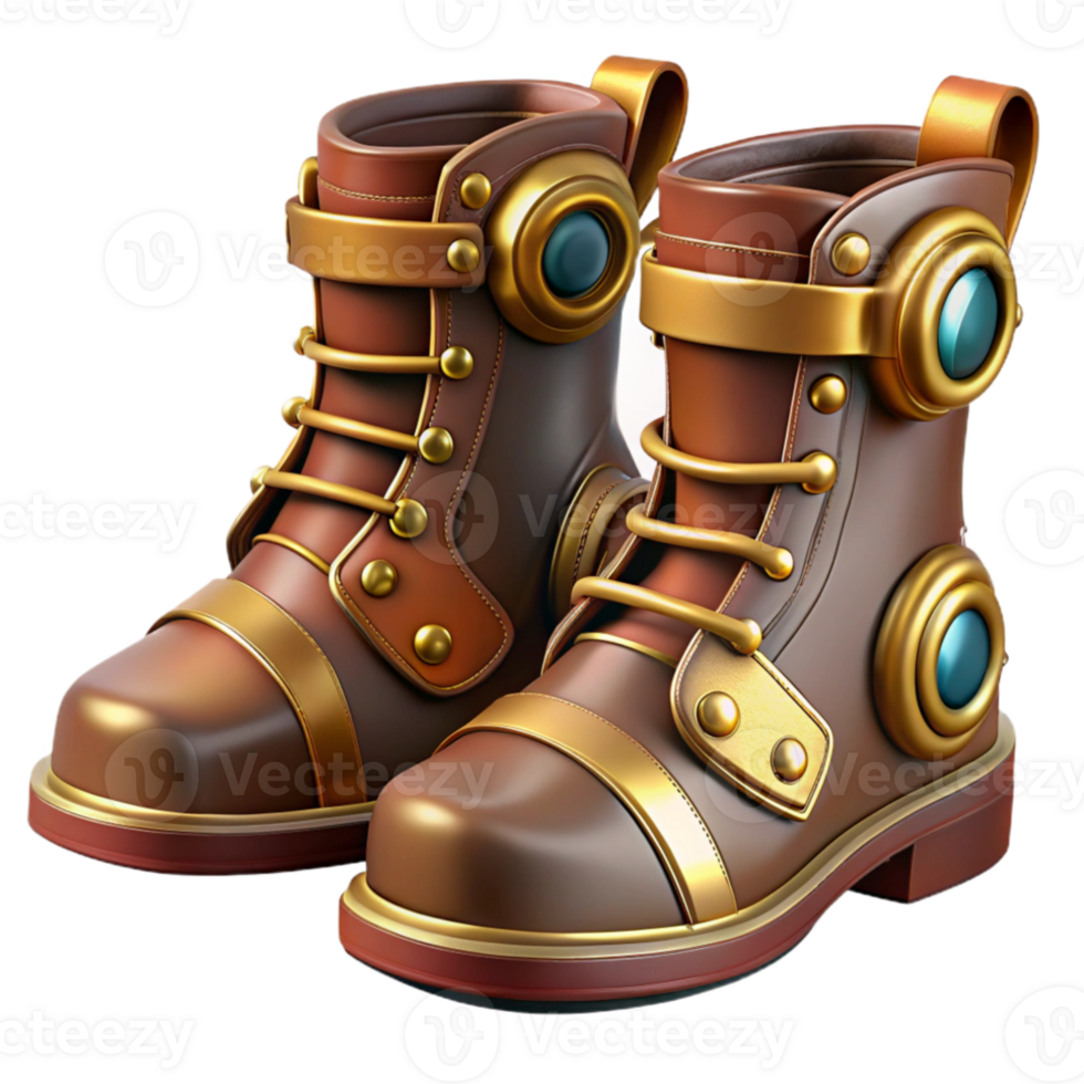 wonderful rustic A detailed illustration of a steampunk boots with intricate brass and leather details, bright, studio lighting high resolution png