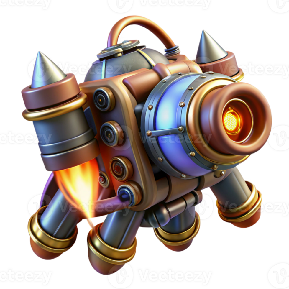 stunning abstract A steampunk jetpack with glowing turbines and intricate pipework. Dynamic, action lighting. Comic book style 4K png