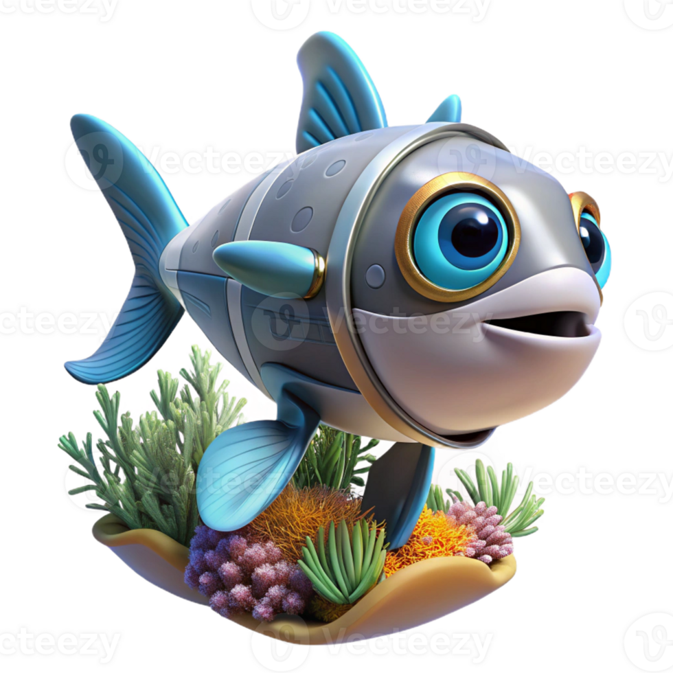 extraordinary modern A robot fish swimming in a coral reef, lit by underwater sunlight in an ocean documentary style 4K png