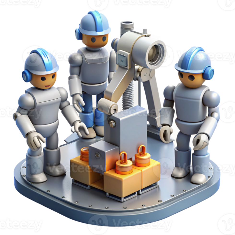 magnificent modern A group of robots collaborating on a complex engineering project, industrial setting, realistic lighting original png