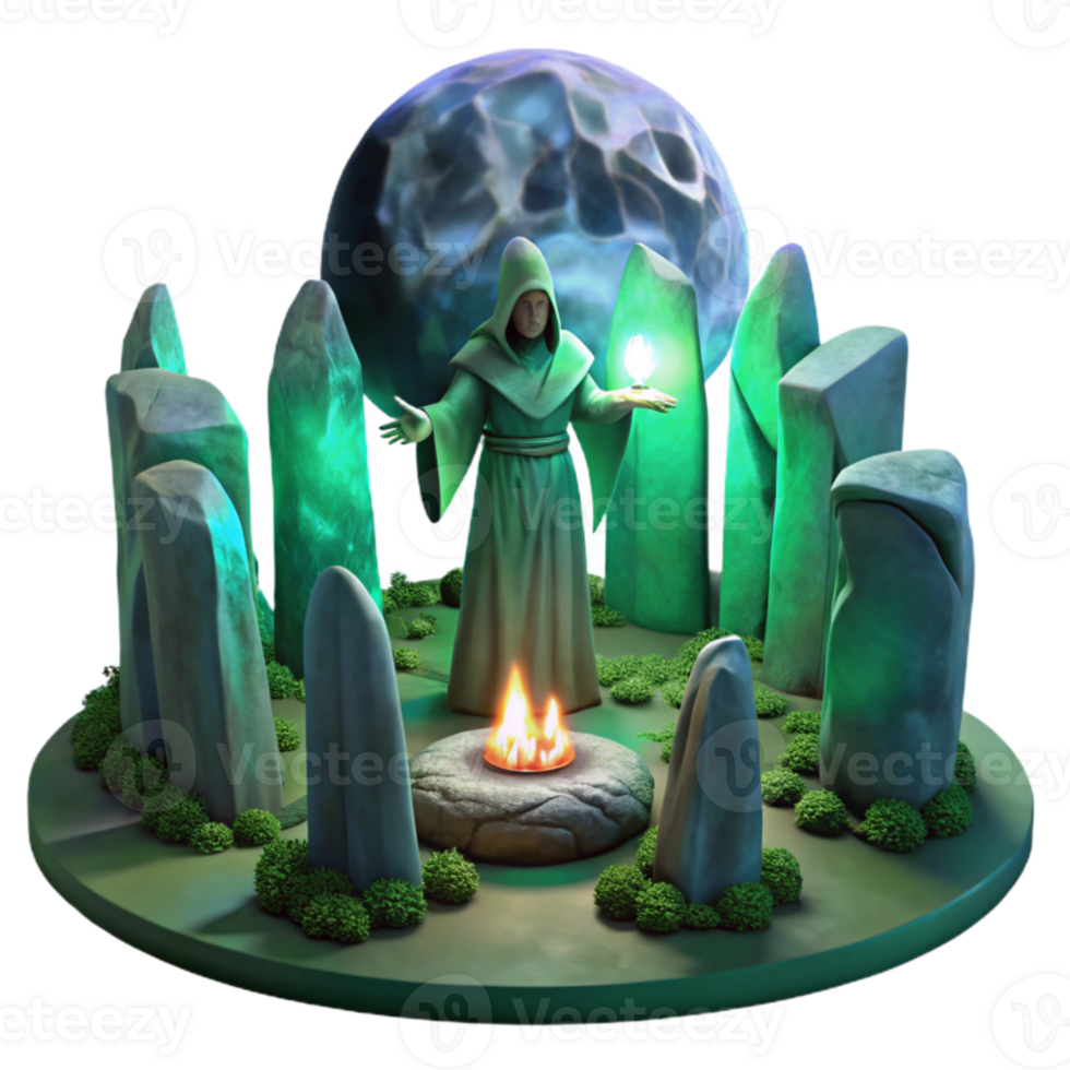 vibrant classic A mysterious druid performing a ritual, surrounded by standing stones, lit by the ethereal glow of the full moon. Celtic mythology, painting style authentic png