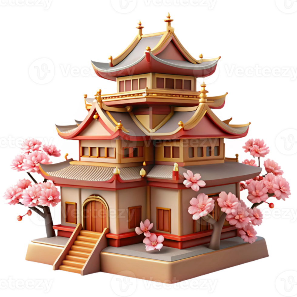 dramatic creative Traditional Japanese castle, intricate wooden details, cherry blossoms in the foreground, soft lighting authentic png