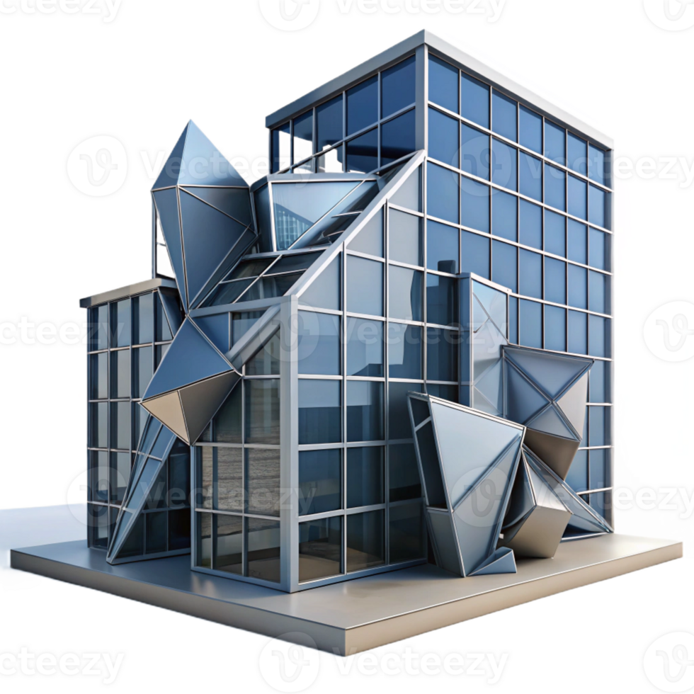 serene artistic Deconstructivist office building, fragmented shapes, angular planes, steel and glass construction, cityscape background premium png