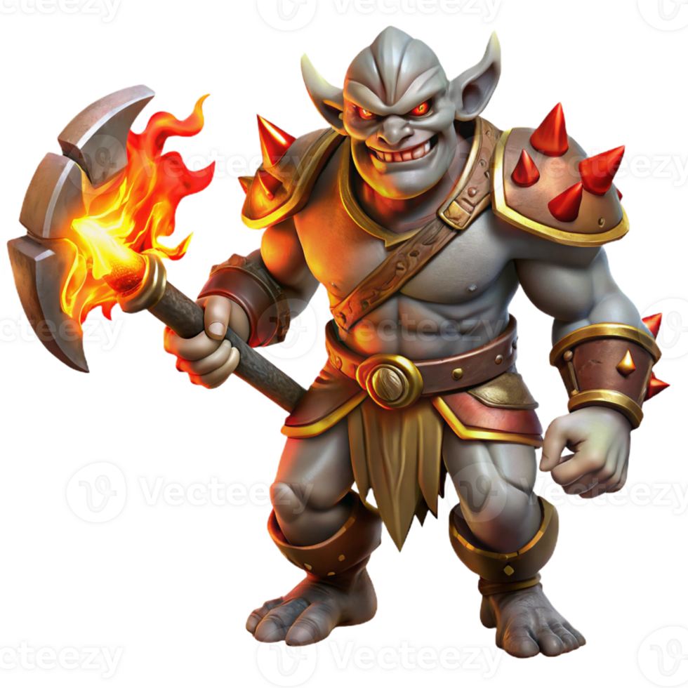 impressive rustic A fierce orc warrior wielding a flaming battleaxe, with intricate tribal tattoos and glowing red eyes, dynamic pose, dramatic lighting. Digital painting style professional png