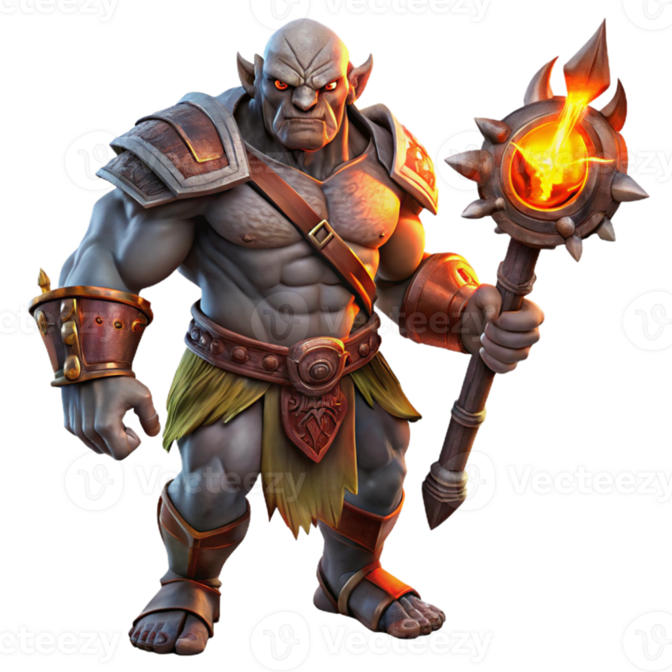 magnificent rustic A fearsome orc chieftain with intricate tribal tattoos, wielding a glowing obsidian axe, lit by flickering torchlight. Dark fantasy style, realistic rendering premium png
