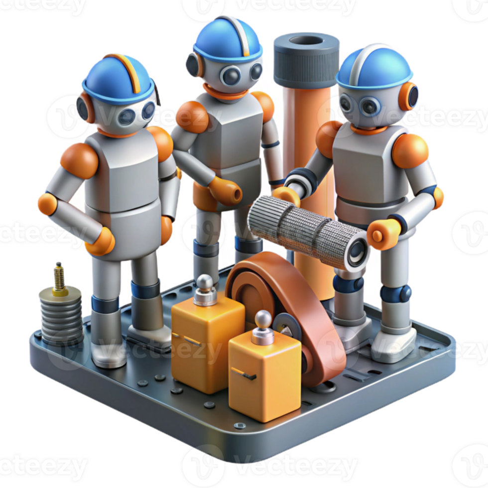 elegant abstract A group of robots collaborating on a complex engineering project, industrial setting, realistic lighting genuine png