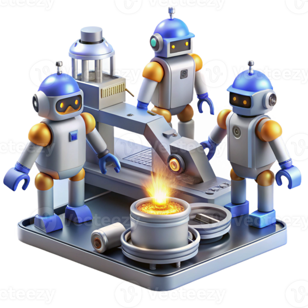 dramatic contemporary A group of robots working in a futuristic factory, sparks flying, industrial lighting, detailed machinery detailed png