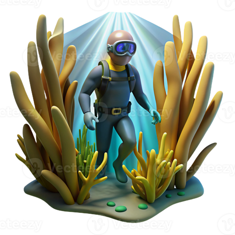 dramatic artistic A diver exploring a kelp forest, sunbeams piercing through the water, realistic, underwater photography style high resolution png