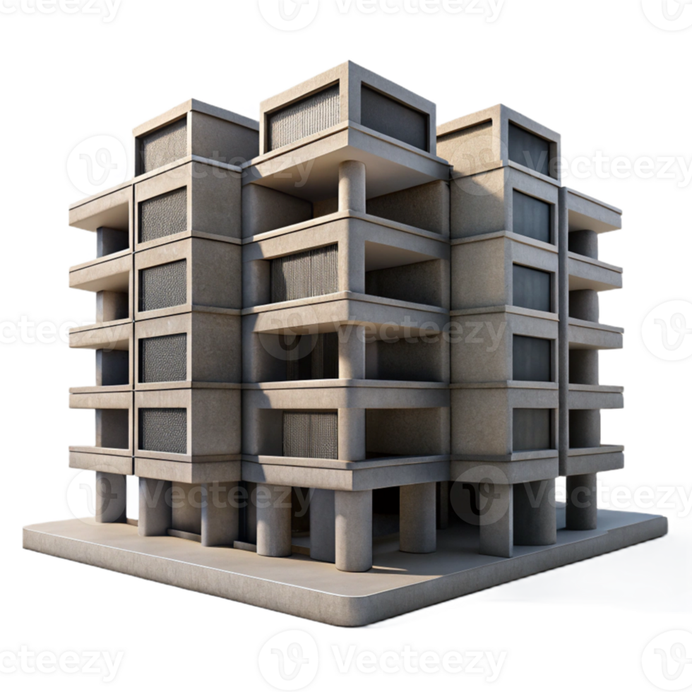 elegant vintage Brutalist concrete apartment complex, repetitive modular elements, harsh shadows, midday lighting, photorealistic style exclusive png