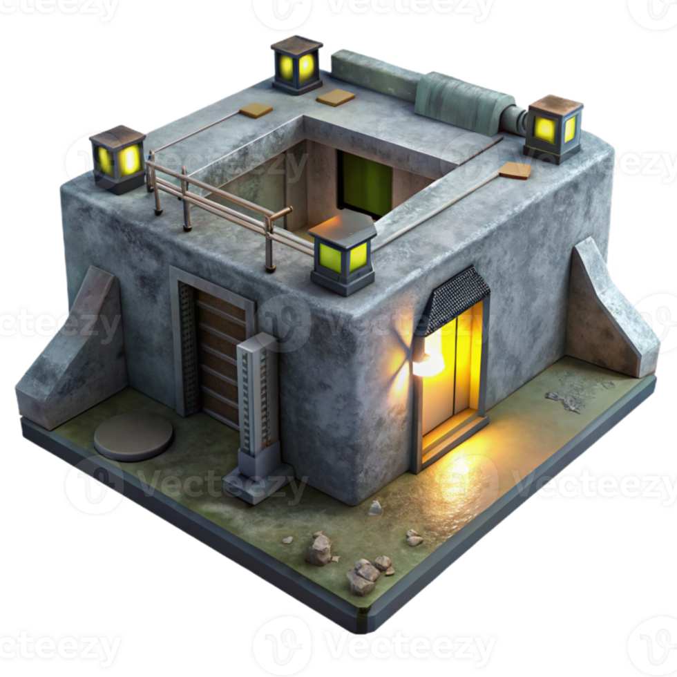 vibrant classic Underground bunker, concrete walls, dim artificial light, dystopian style, photorealistic, authentic png