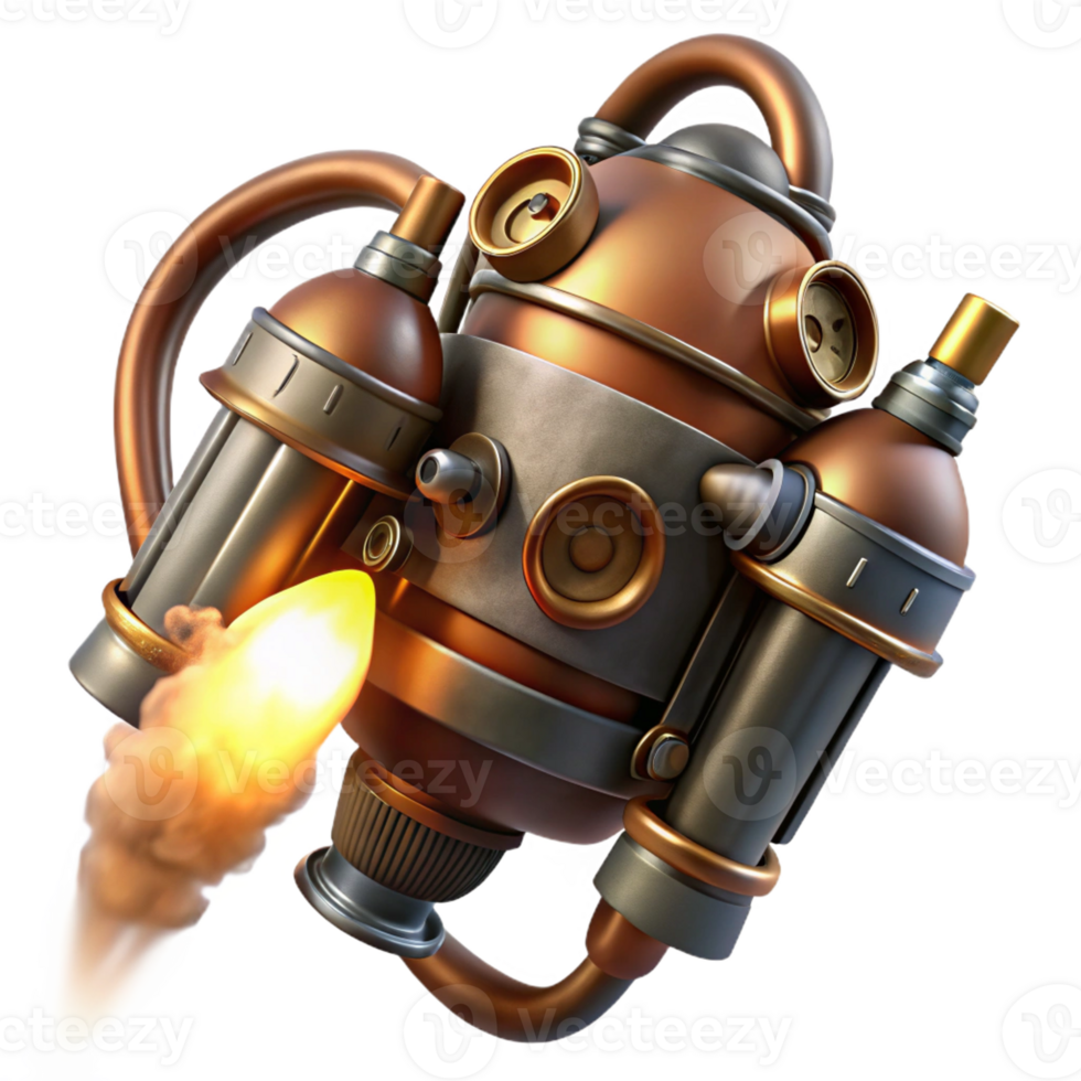 extraordinary vintage A steampunk jetpack, with brass nozzles and copper pipes, emitting a trail of steam, lit by a powerful, backlighting high resolution png