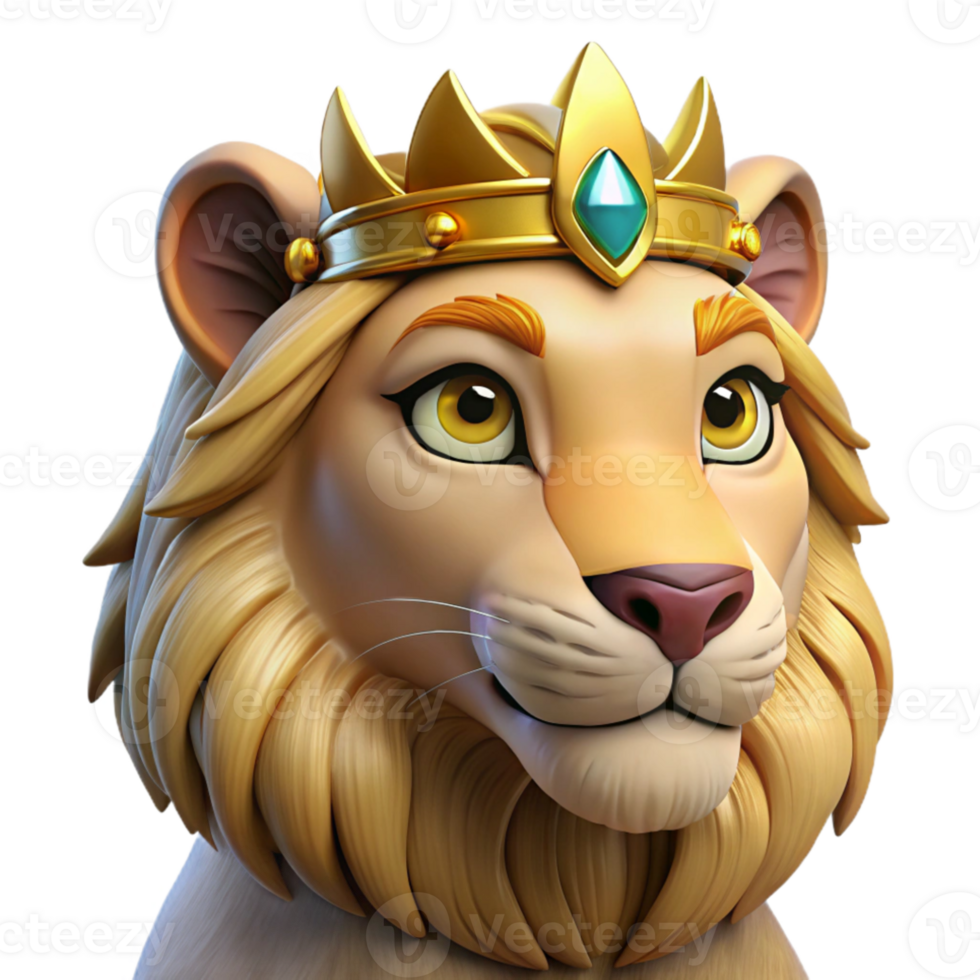 serene modern Portrait of a regal lioness with a golden mane, fierce amber eyes, and a proud expression, wearing a jeweled crown, lit by dramatic chiaroscuro lighting detailed png