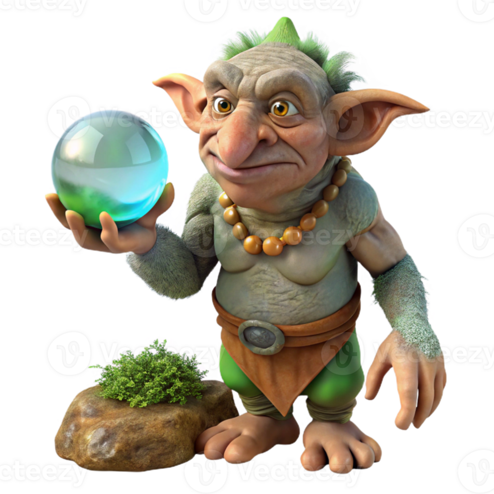 extraordinary classic A wise old troll, with skin of granite and moss, holding a glowing crystal ball, in a dark cave lit by bioluminescent fungi. Digital art style high quality png