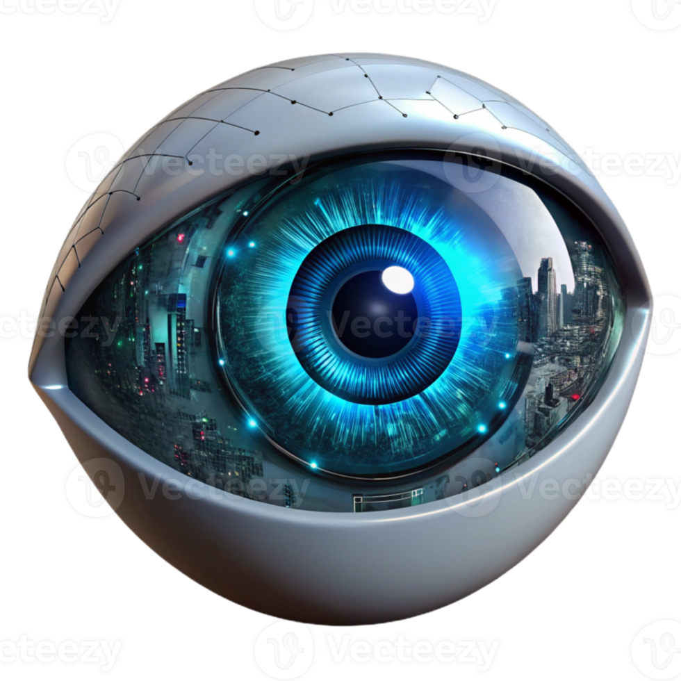 elegant minimalist A close-up of a cyborg eye, glowing with intricate circuitry, reflecting a digital cityscape, hyperrealistic, dark and moody lighting premium png
