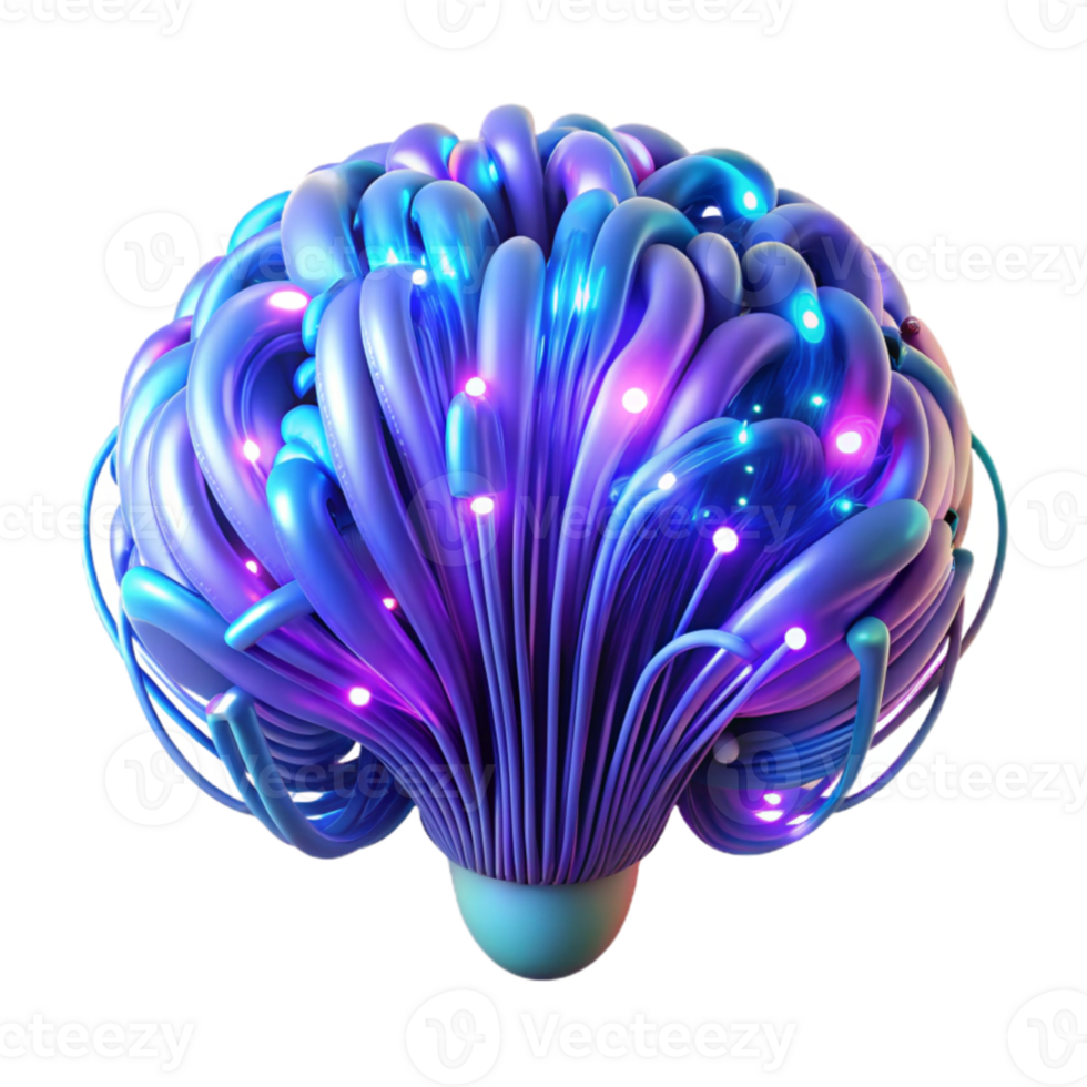 serene abstract A network of glowing fiber optic cables forming the shape of a human brain, cool blue and purple lighting, abstract art style high quality png