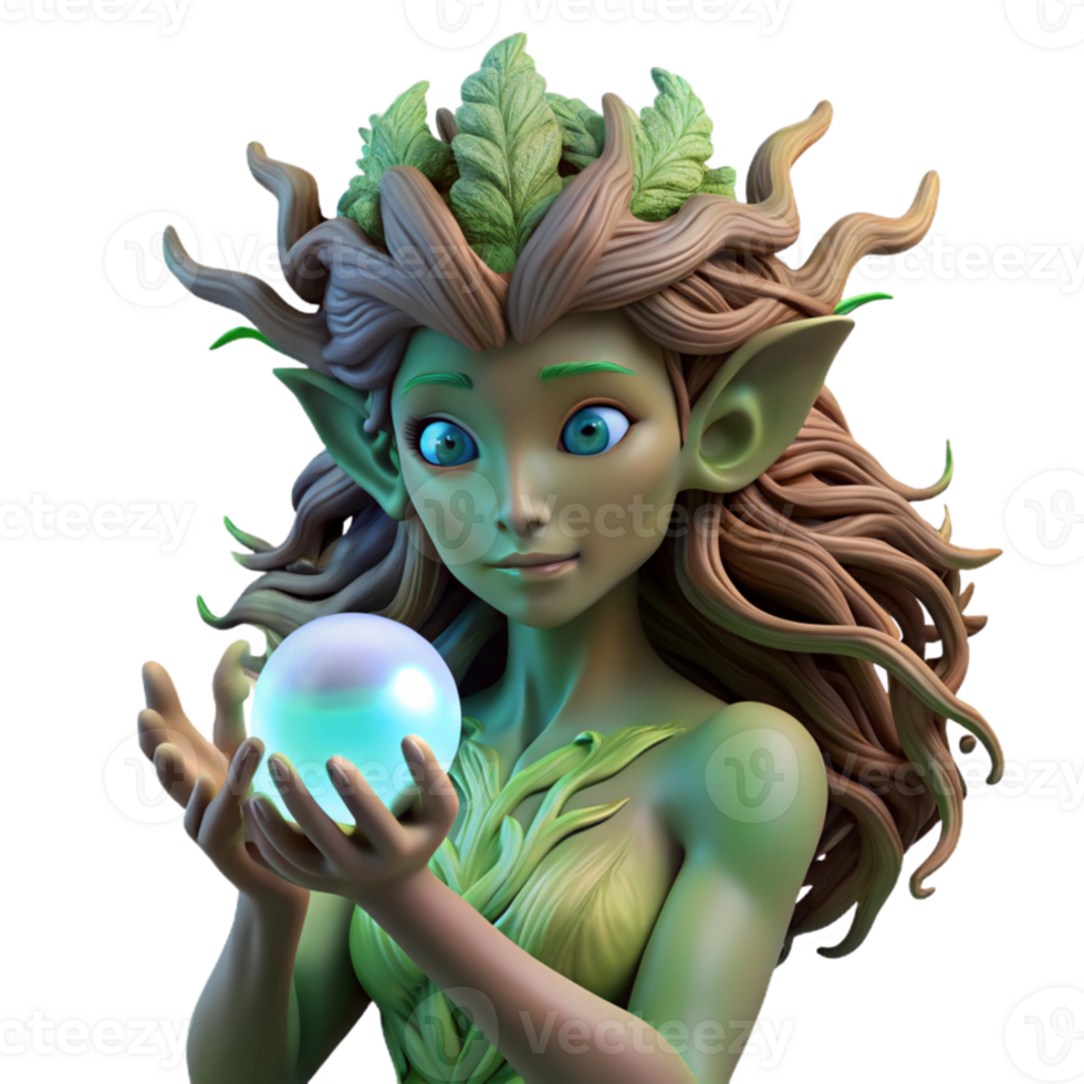 serene minimalist A delicate dryad with bark-like skin and flowing moss hair, cradling a glowing crystal orb, surrounded by bioluminescent fungi. Soft lighting, ethereal style high quality png