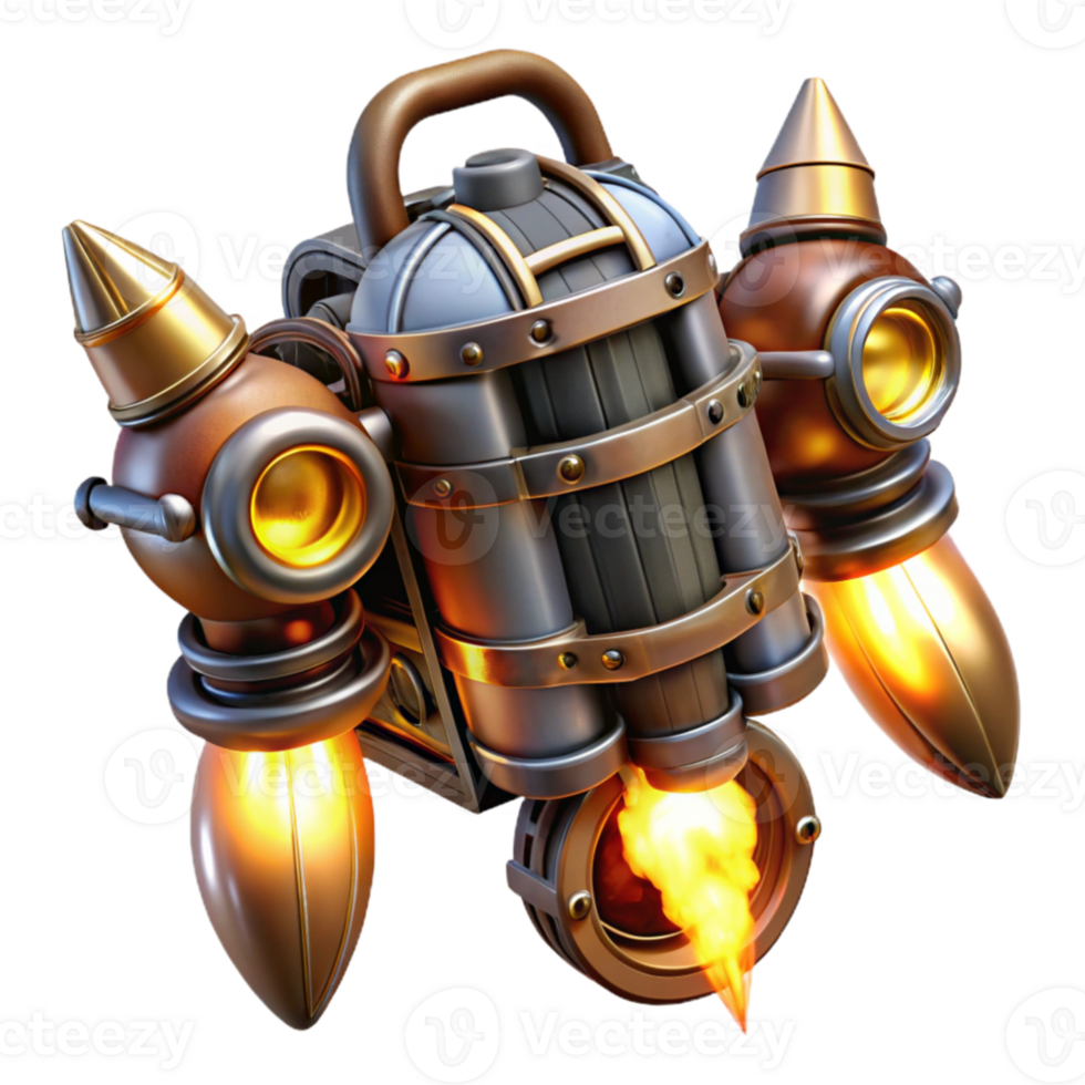 magnificent classic A steampunk jetpack with glowing turbines and intricate pipework. Dynamic, action lighting. Comic book style high quality png