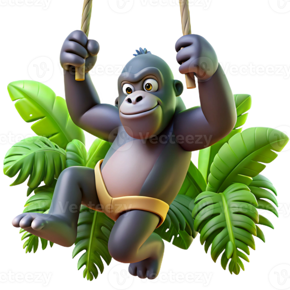 wonderful traditional A playful gorilla swinging through the jungle, lit by dappled sunlight, dynamic and energetic style high quality png