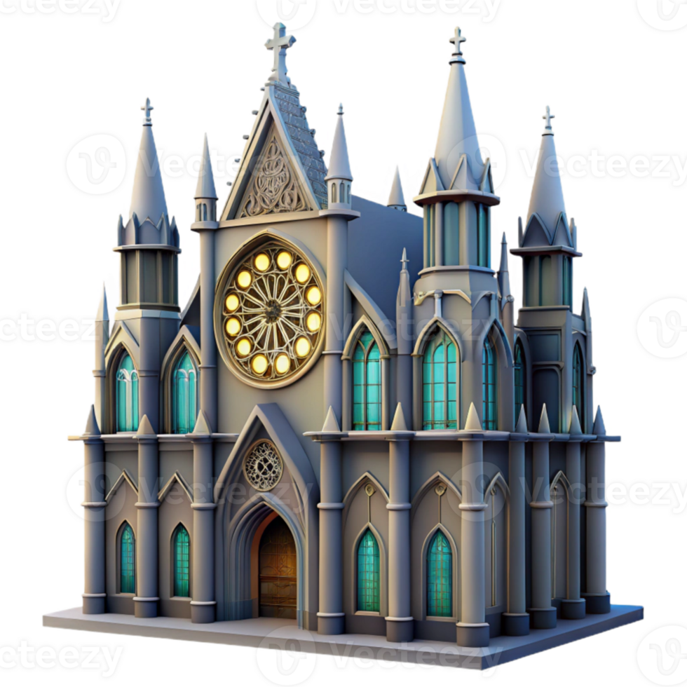 wonderful vintage Gothic cathedral, stained glass rose window, gargoyles, overcast lighting, ethereal style premium png