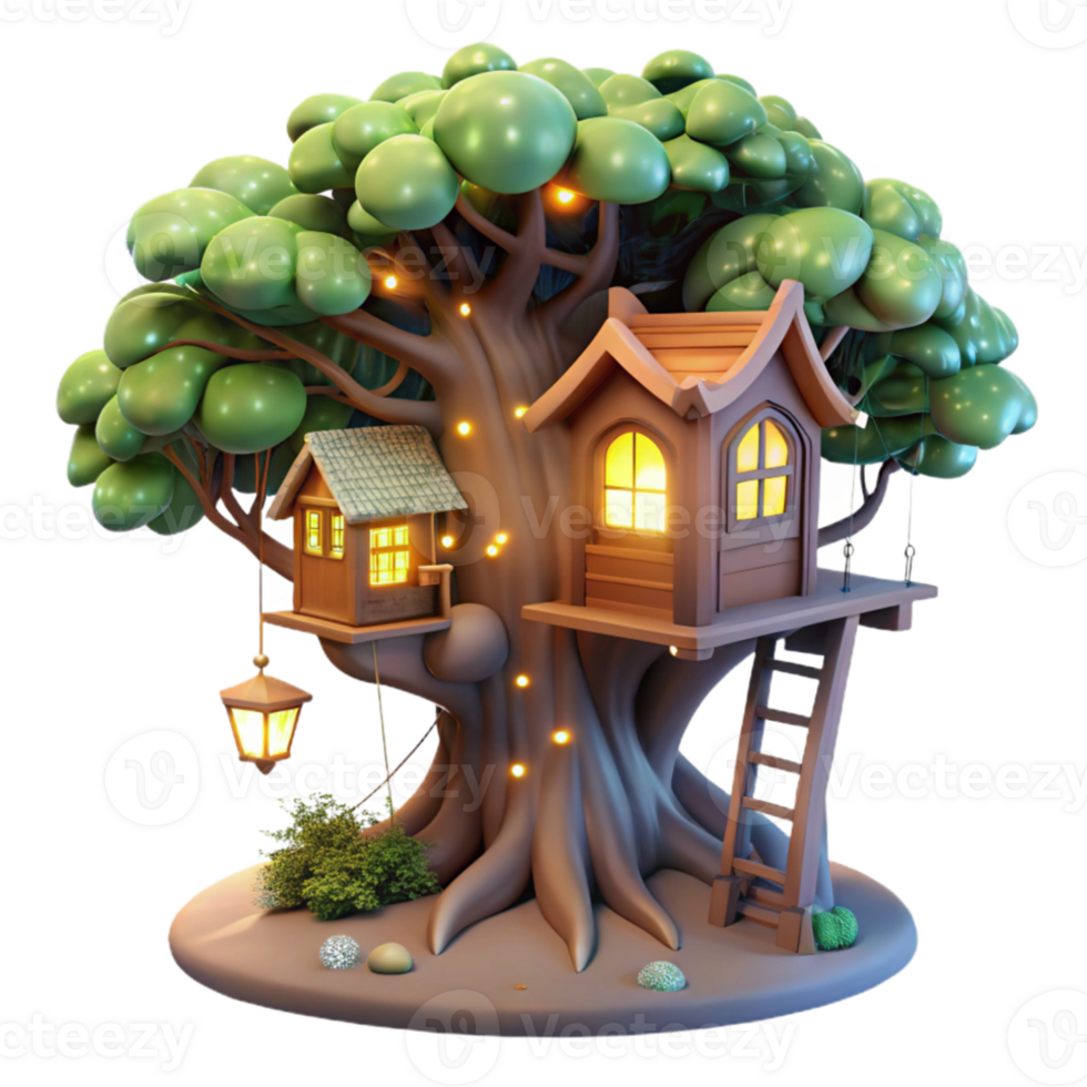 beautiful classic A magical treehouse nestled in the branches of a giant tree, glowing lights, fantasy art authentic png