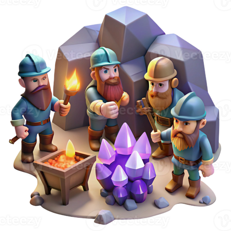 beautiful artistic A group of adventurous dwarves mining for gems in a cavern, lit by glowing crystals. Realistic style authentic png