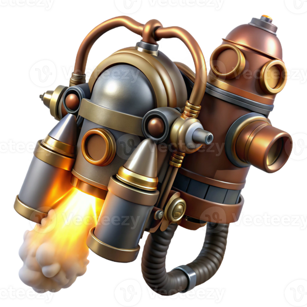 extraordinary creative A steampunk jetpack, with brass nozzles and copper pipes, emitting a trail of steam, lit by a powerful, backlighting premium png