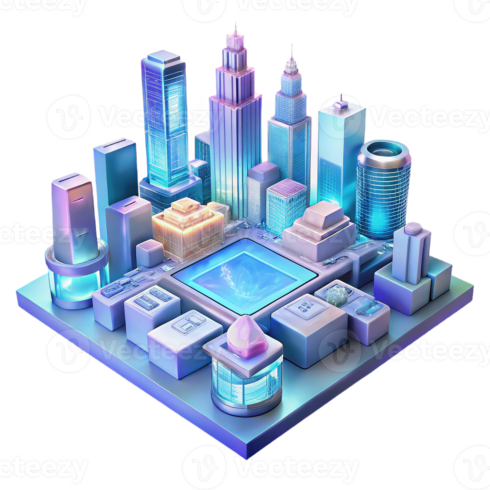 stunning modern A futuristic cityscape, composed of interconnected floating platforms, bathed in the soft glow of holographic advertisements. Cyberpunk style premium png