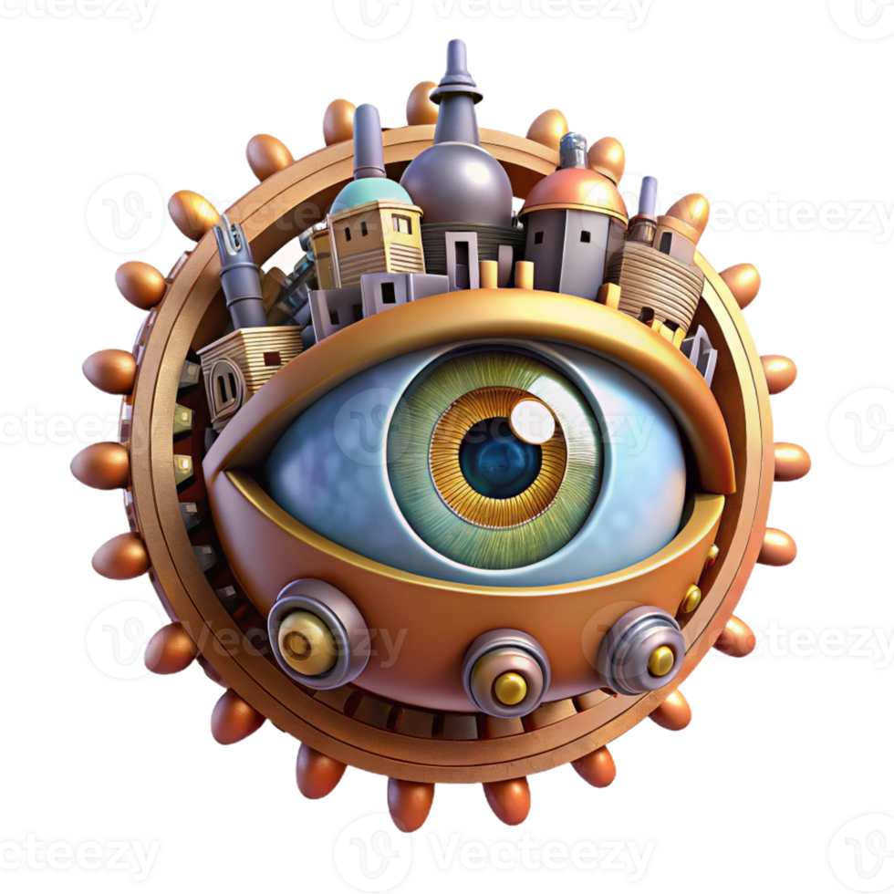magnificent artistic A giant, floating eye watches over a city made of interconnected gears and cogs. Steampunk style, warm, artificial lighting 4K png