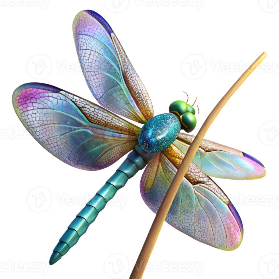 beautiful classic Close-up of a dragonfly perched on a reed, iridescent wings, detailed, nature photography, high quality png