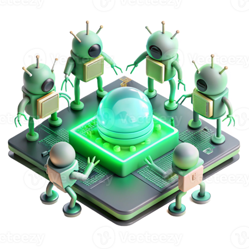 extraordinary modern A group of nanobots repairing a damaged circuit board, glowing with a soft green light, lit by a focused, microscopic light. Nanotech style original png