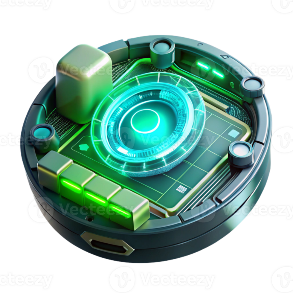 serene classic A close-up of a futuristic HUD interface displaying complex data streams and holographic projections, lit by the flickering green light of the screen. Cyberpunk style original png