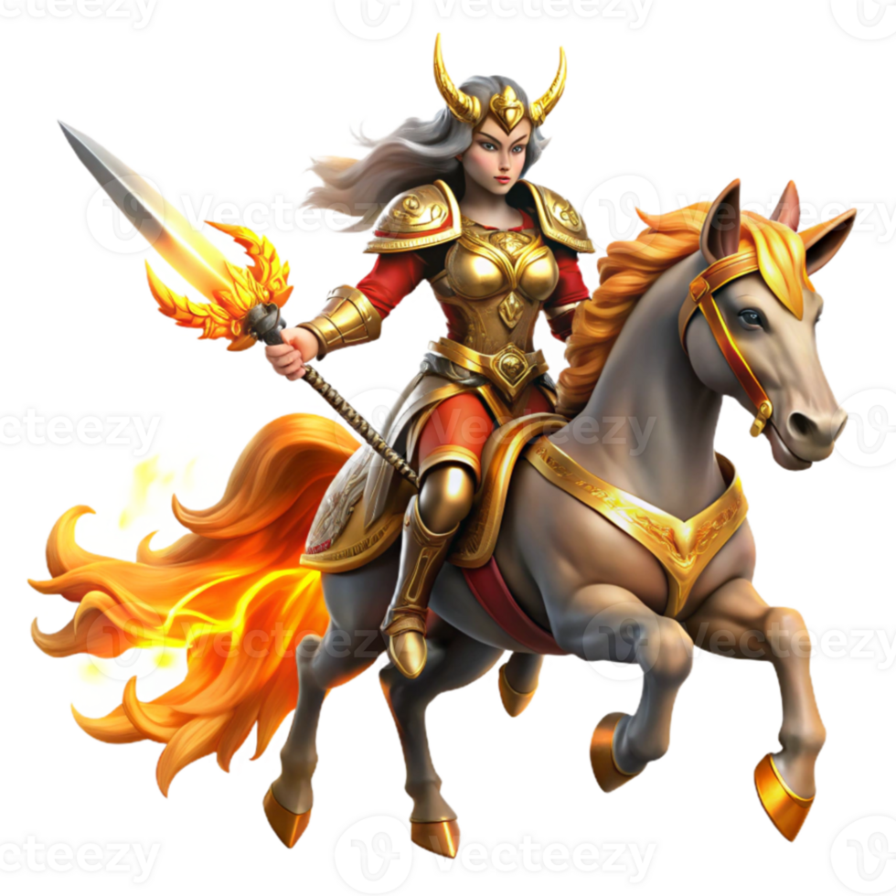 impressive abstract A fierce warrior queen with golden armor and a flaming sword, riding a majestic unicorn, across a battlefield of fire and shadow. Heroic fantasy style, dynamic lighting genuine png