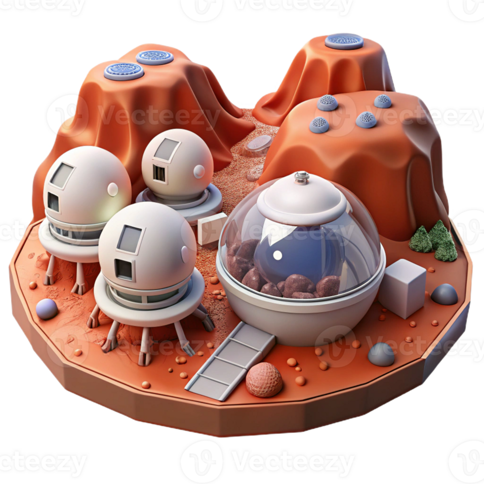 beautiful classic Mars colony, red dust landscape, futuristic habitats, rovers exploring the terrain detailed png
