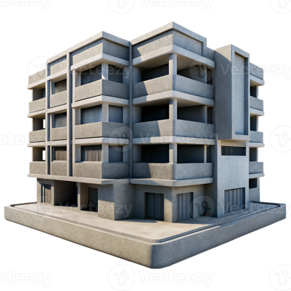 magnificent minimalist Brutalist concrete apartment complex, repetitive modular elements, harsh shadows, midday lighting, photorealistic style genuine png