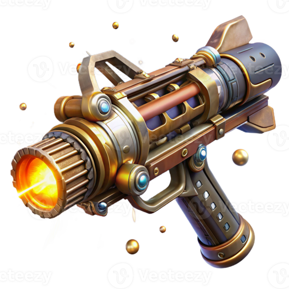 serene minimalist A futuristic weapon, with intricate engravings and glowing energy cells, levitates in the air, surrounded by swirling particles of light. Steampunk style high quality png