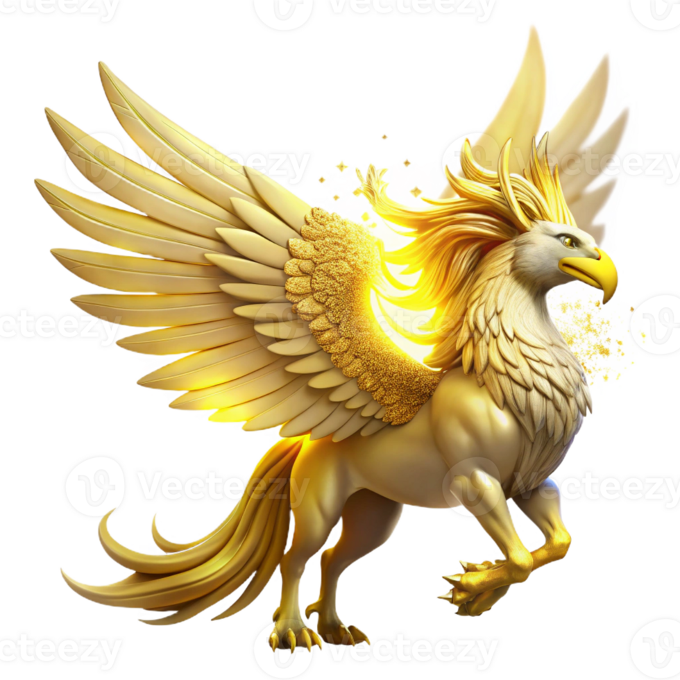 serene rustic A majestic griffin, with feathers of gold and wings of pure light, soaring through a starlit sky, illuminated by the celestial glow. Mythological painting style genuine png